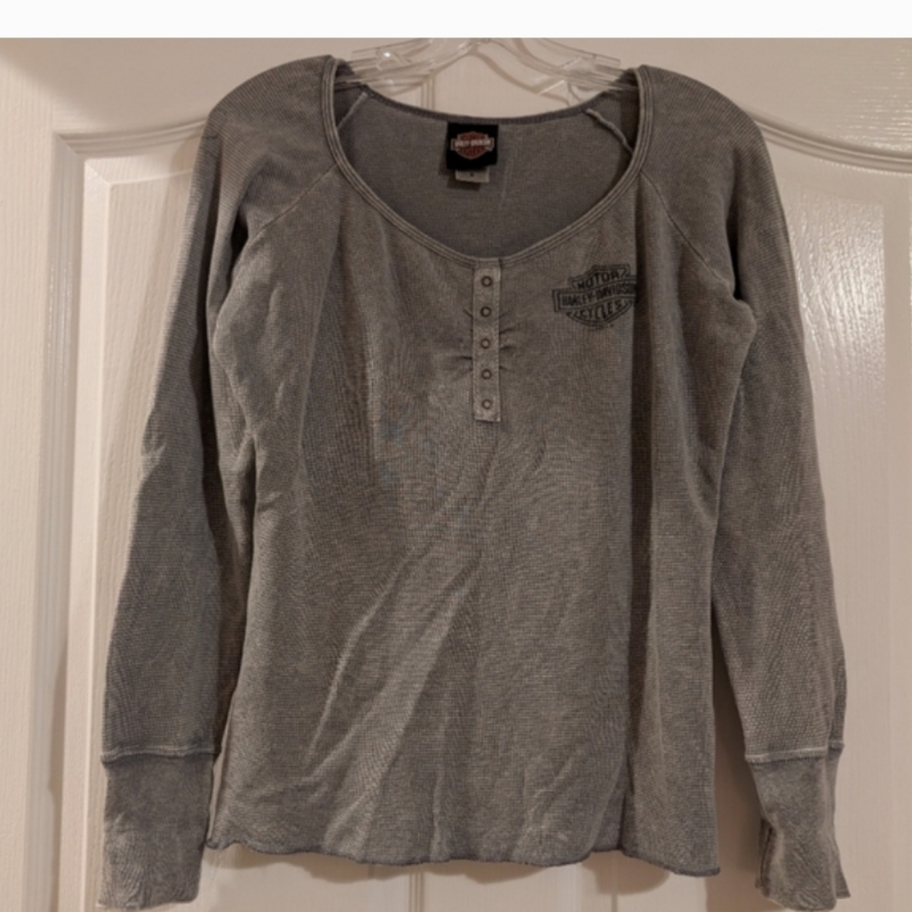 Vintage (08') Authentic Harley-Davidson® Women's Gray Long Sleeve Ribbed Henley